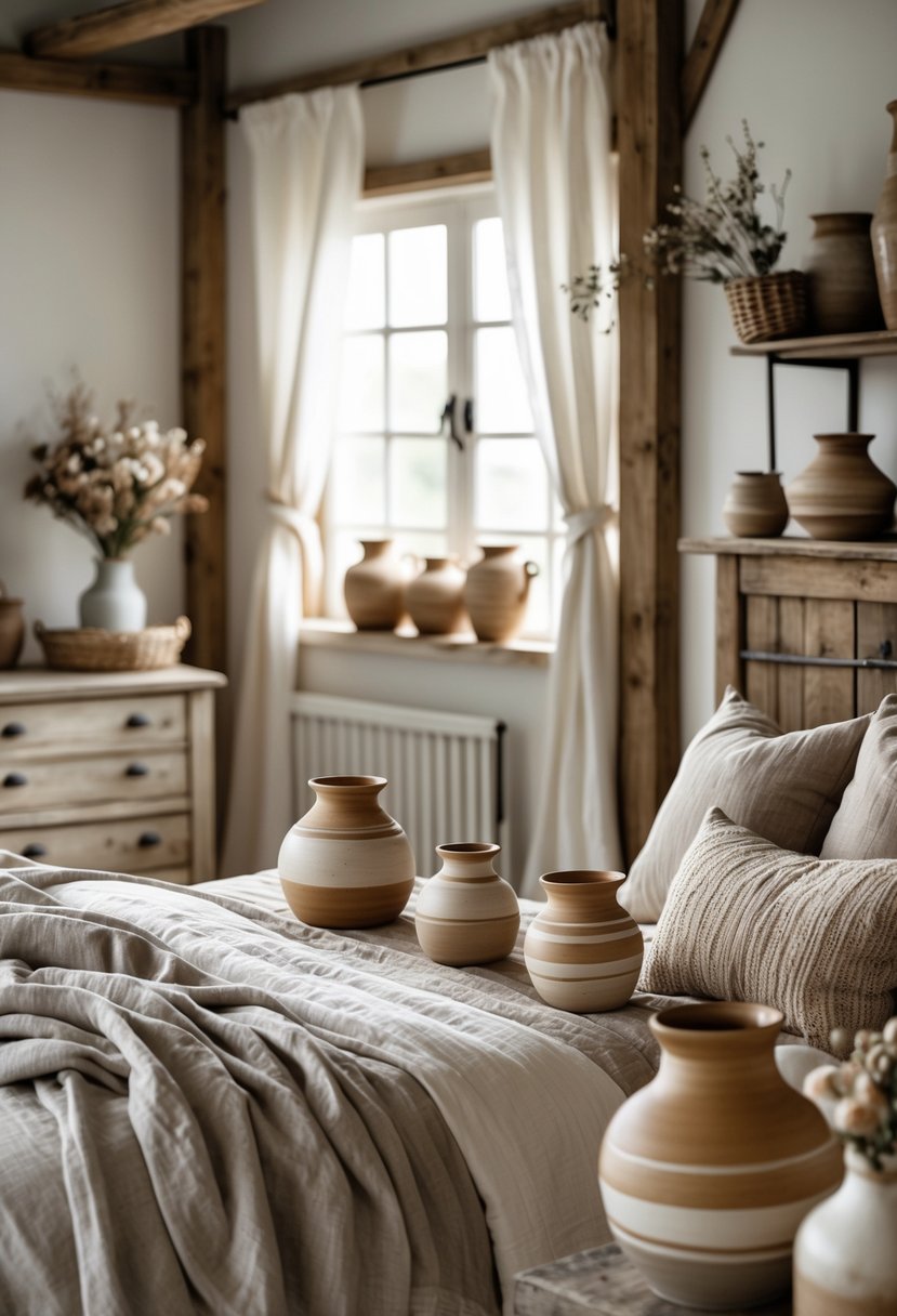 A bedroom with a wooden bed, handmade pottery on shelves and tables, soft natural light, and rustic decor accents.