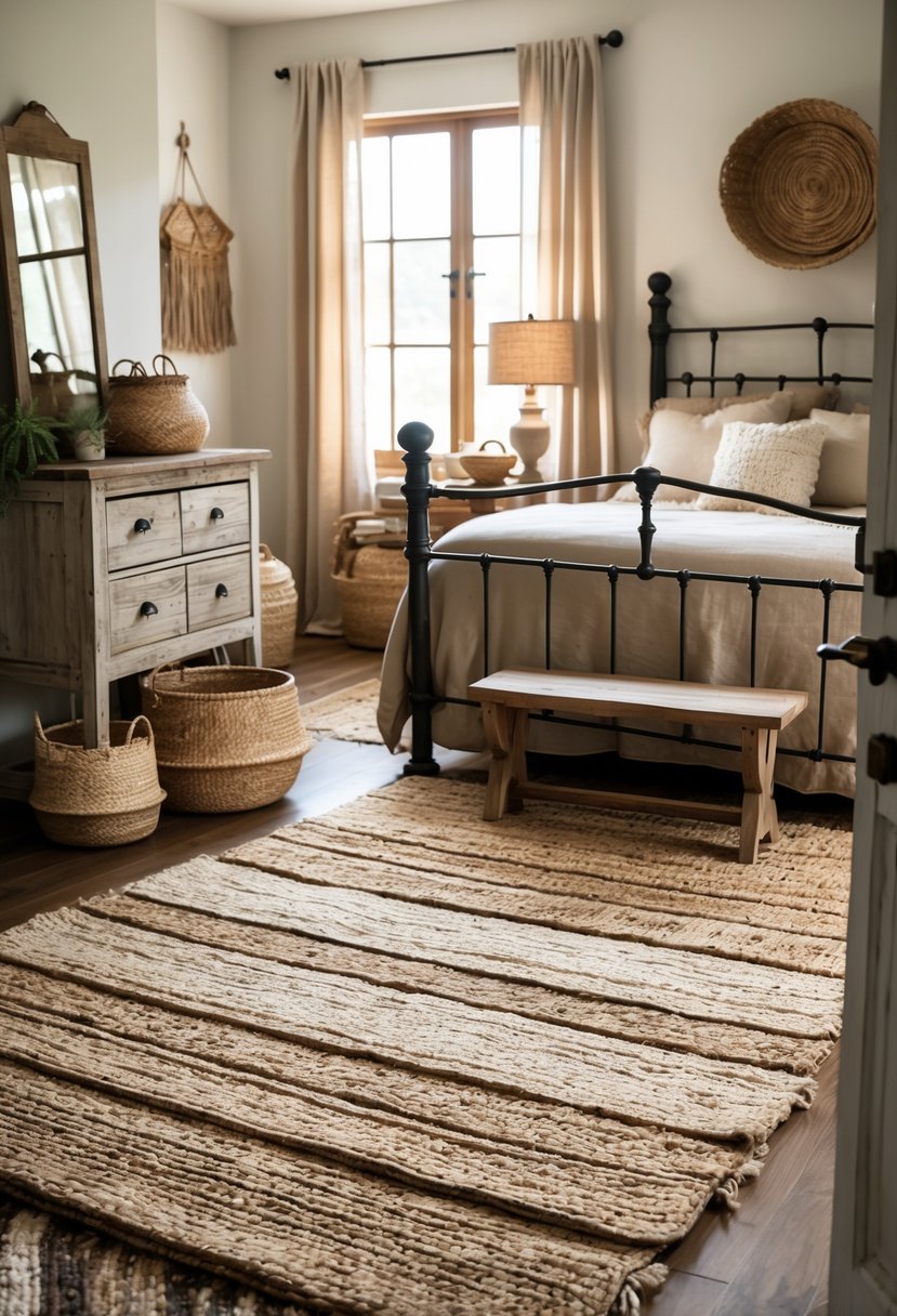 A cozy bedroom with a layered natural fiber rug, wooden furniture, and soft bedding illuminated by natural light.