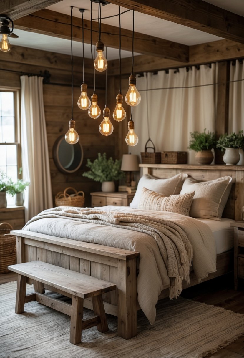 A cozy bedroom with a wooden bed, warm lighting from hanging bulbs, rustic furniture, and natural decor.