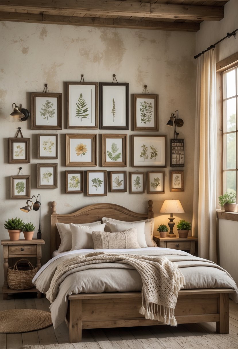 A rustic farmhouse bedroom with a wooden bed, framed artwork on the wall, vintage nightstands, and natural light coming through a window.