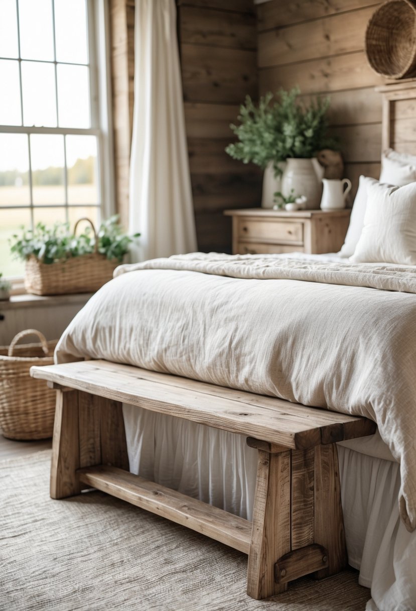 A bedroom with a wooden bench at the foot of the bed, featuring rustic decor and natural lighting.