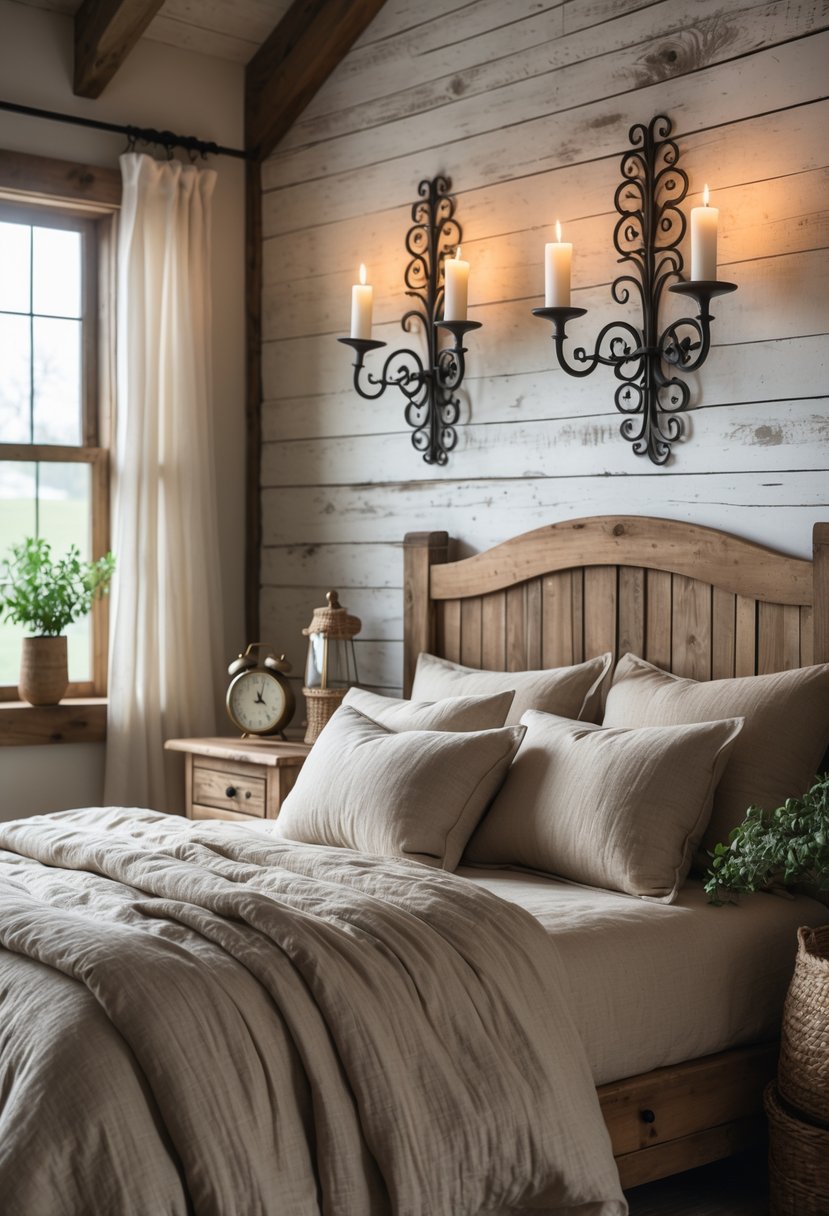A bedroom with a wooden bed, lit wrought iron candle sconces on the wall, and soft natural light coming through a window.