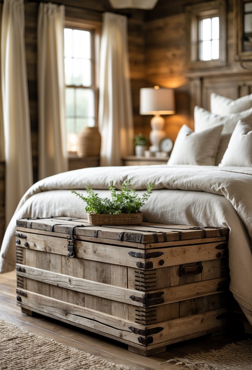 A bedroom with a wooden trunk at the foot of the bed and soft natural lighting.