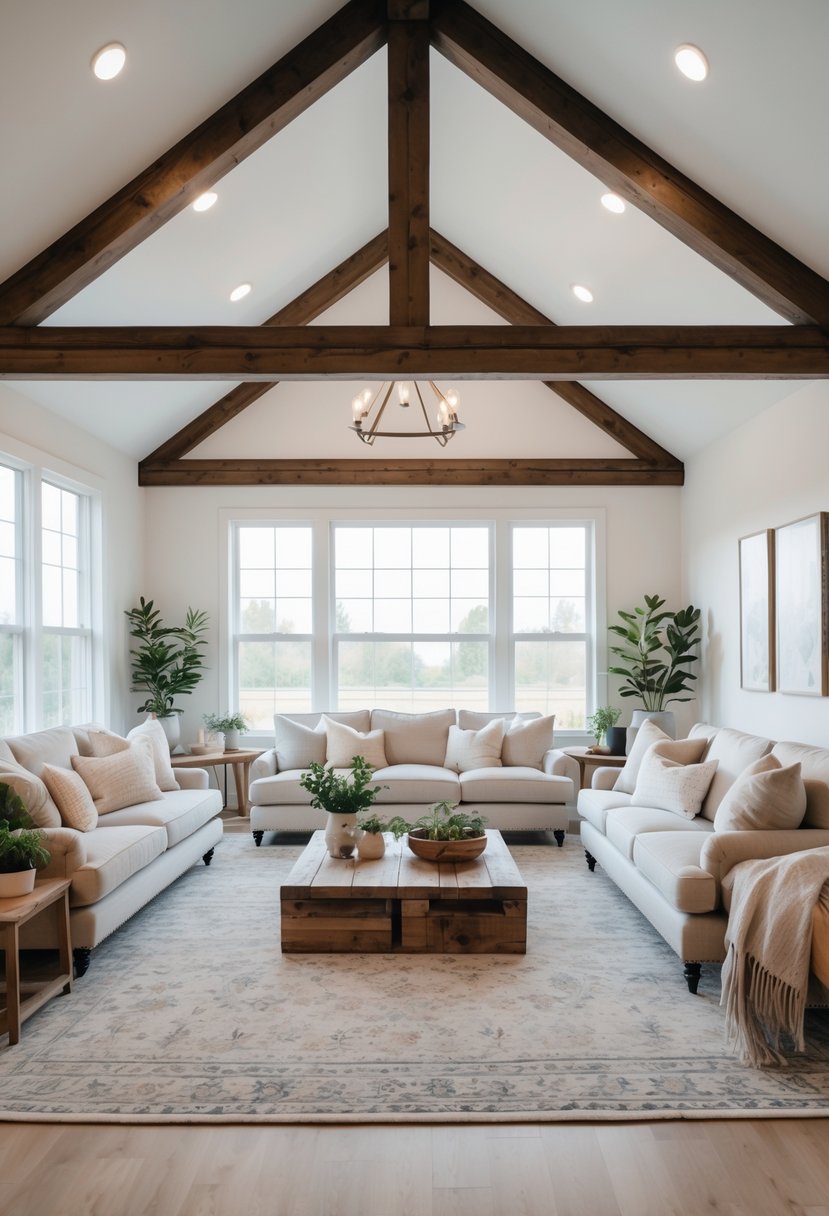 A spacious living room with vaulted ceilings and exposed wooden beams, featuring sofas, a coffee table, and large windows letting in natural light.