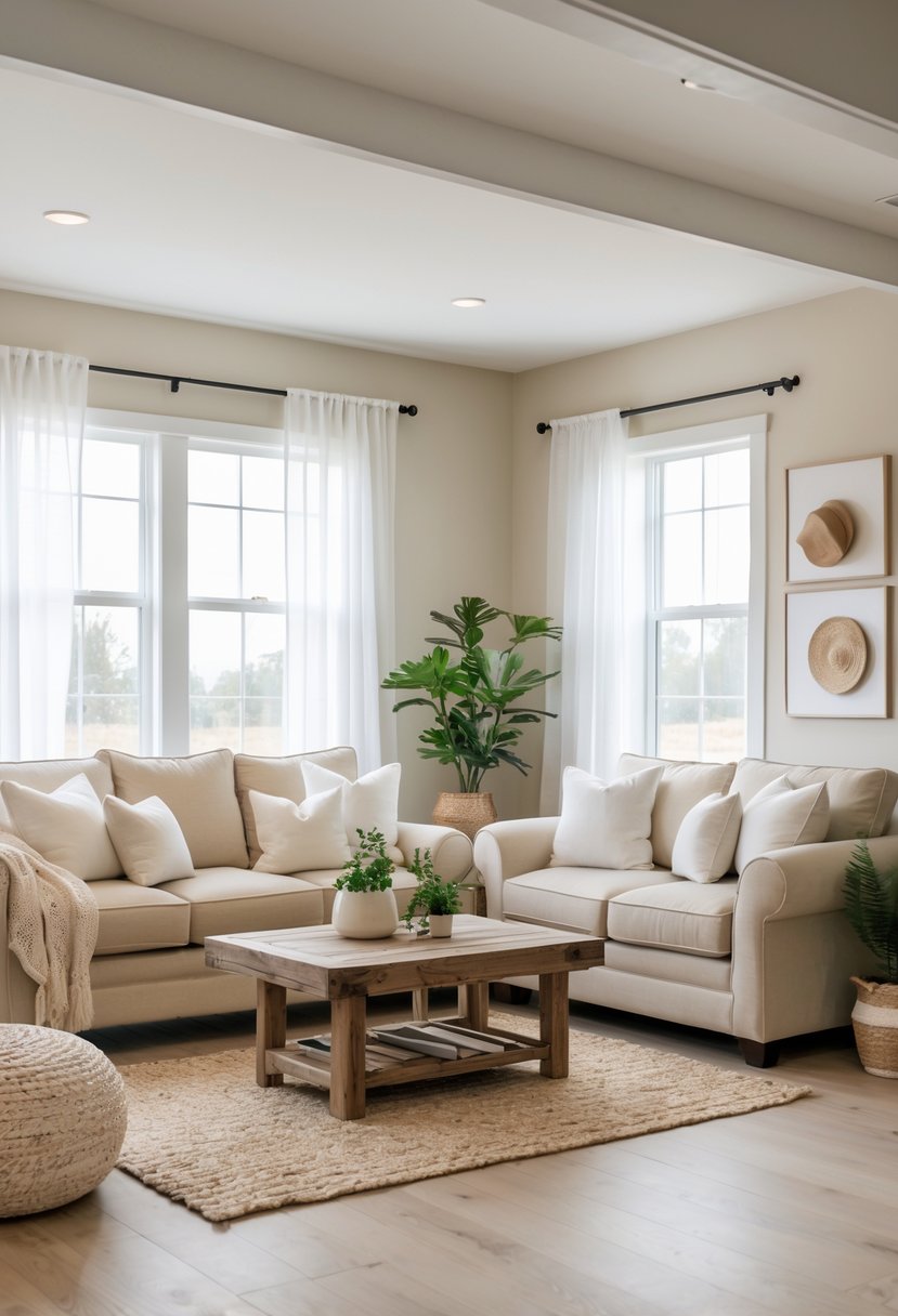 A living room with beige sofas, a wooden coffee table, large windows with white curtains, and green plants.
