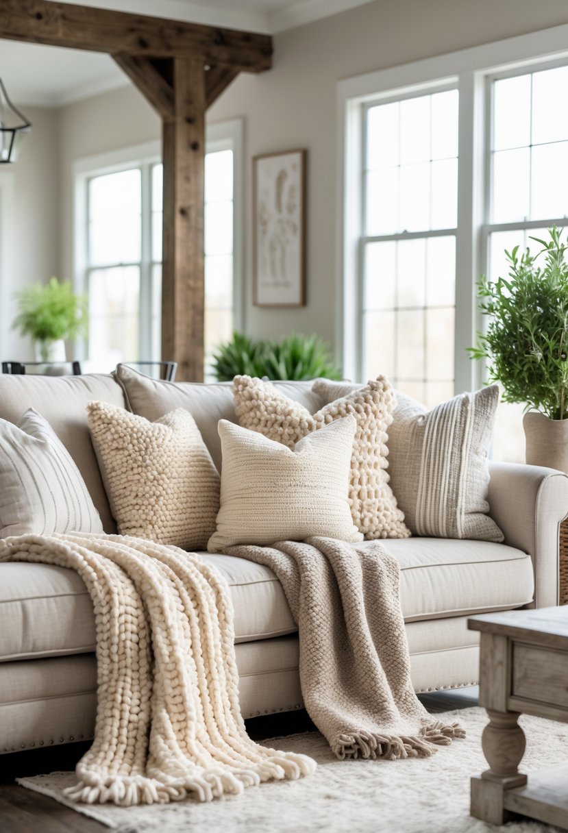 A living room with a sofa covered in cozy textured throws and pillows, natural light, wooden furniture, and potted plants.