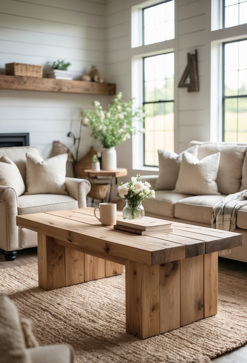 A wooden coffee table in a living room with a sofa, armchairs, and natural light coming through large windows.
