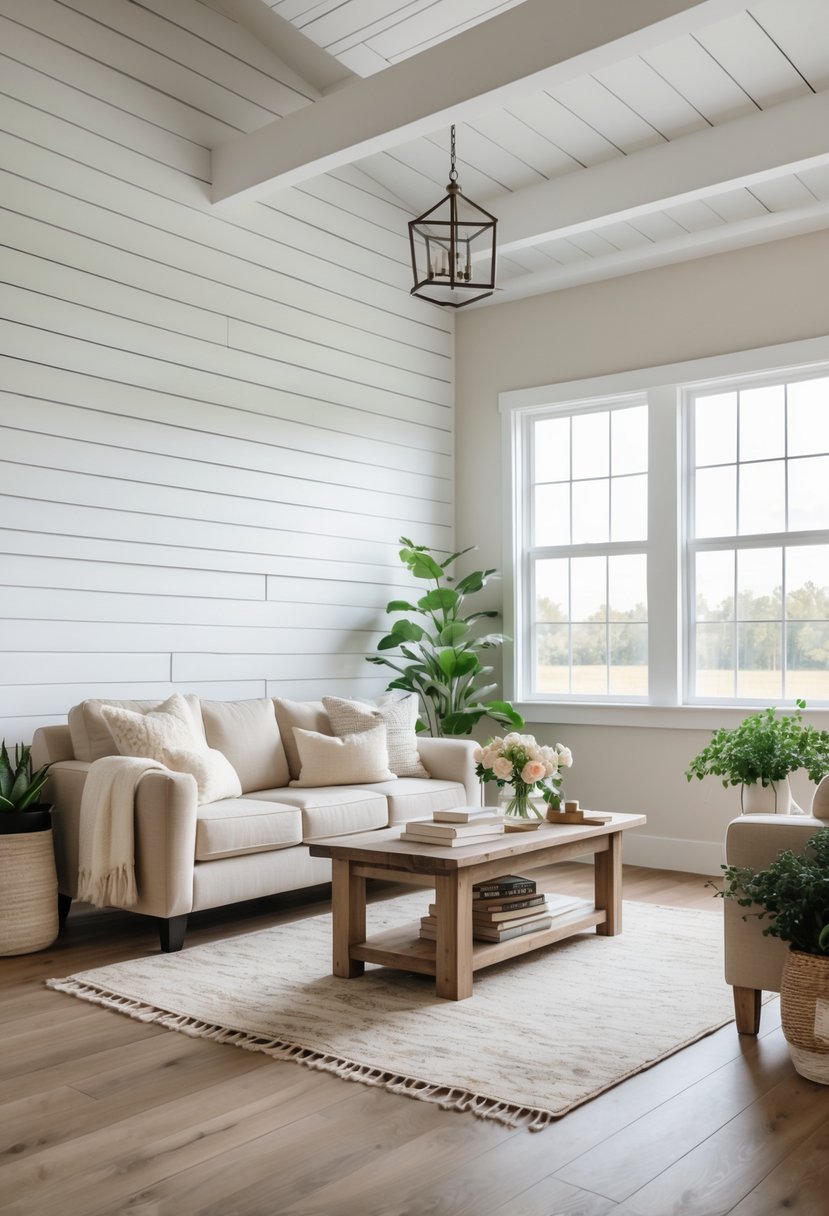 A bright living room with white shiplap walls, a beige sofa, wooden coffee table, plants, and large windows letting in natural light.