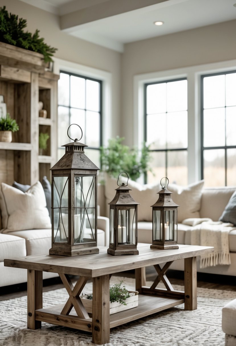 A cozy living room with vintage metal lanterns displayed on a wooden table and shelves, surrounded by comfortable seating and natural light.