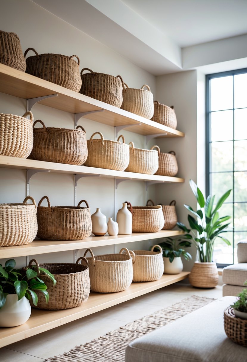 A bright living room with open wooden shelves holding woven baskets, plants, and decorative items.