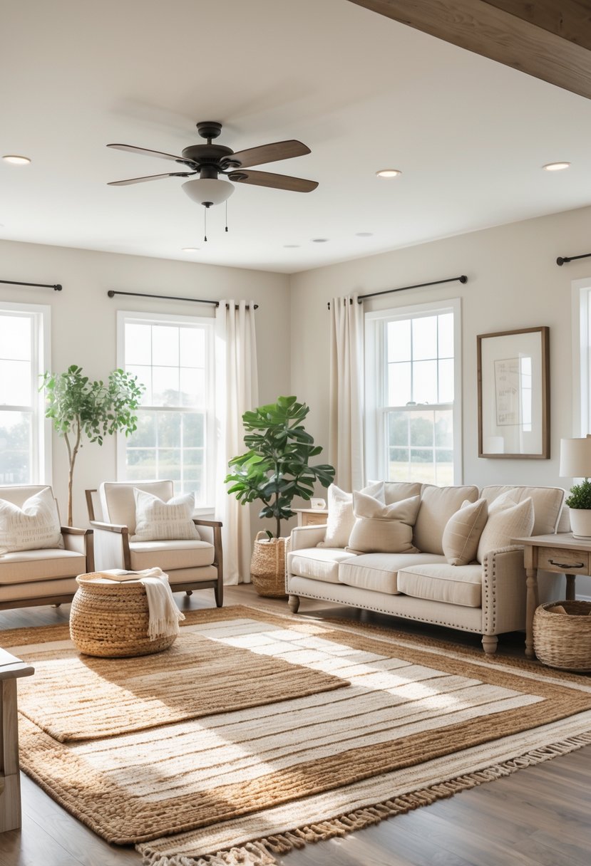 A bright living room with layered warm area rugs, comfortable seating, wooden furniture, and natural light coming through large windows.