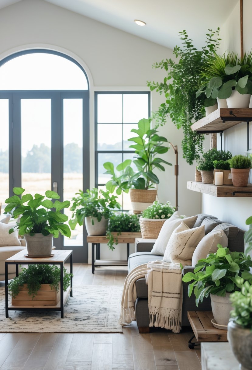 A bright living room with potted plants and eucalyptus arranged throughout, featuring comfortable furniture and natural light.