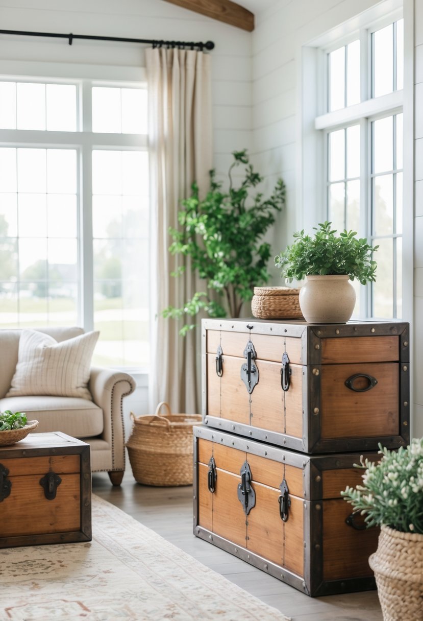 A living room with antique wooden chests used for storage, surrounded by a sofa, rug, and plants.