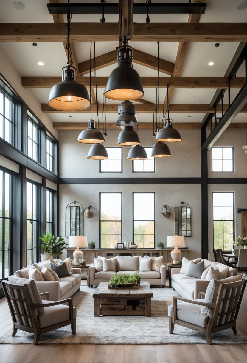 A living room with sofas, a wooden coffee table, hanging light fixtures, large windows, and wooden beams on the ceiling.