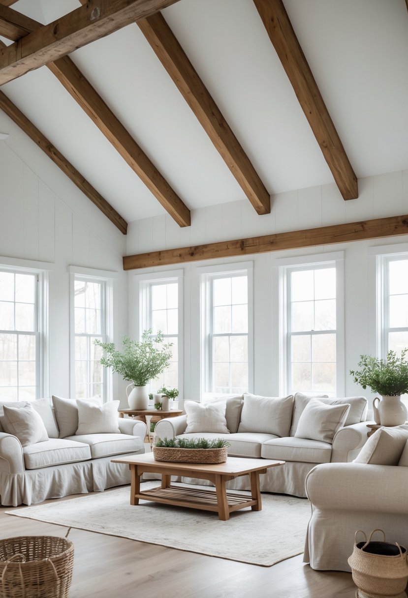 A bright living room with multiple light-colored linen slipcovered sofas arranged around a wooden coffee table with natural light coming through large windows.
