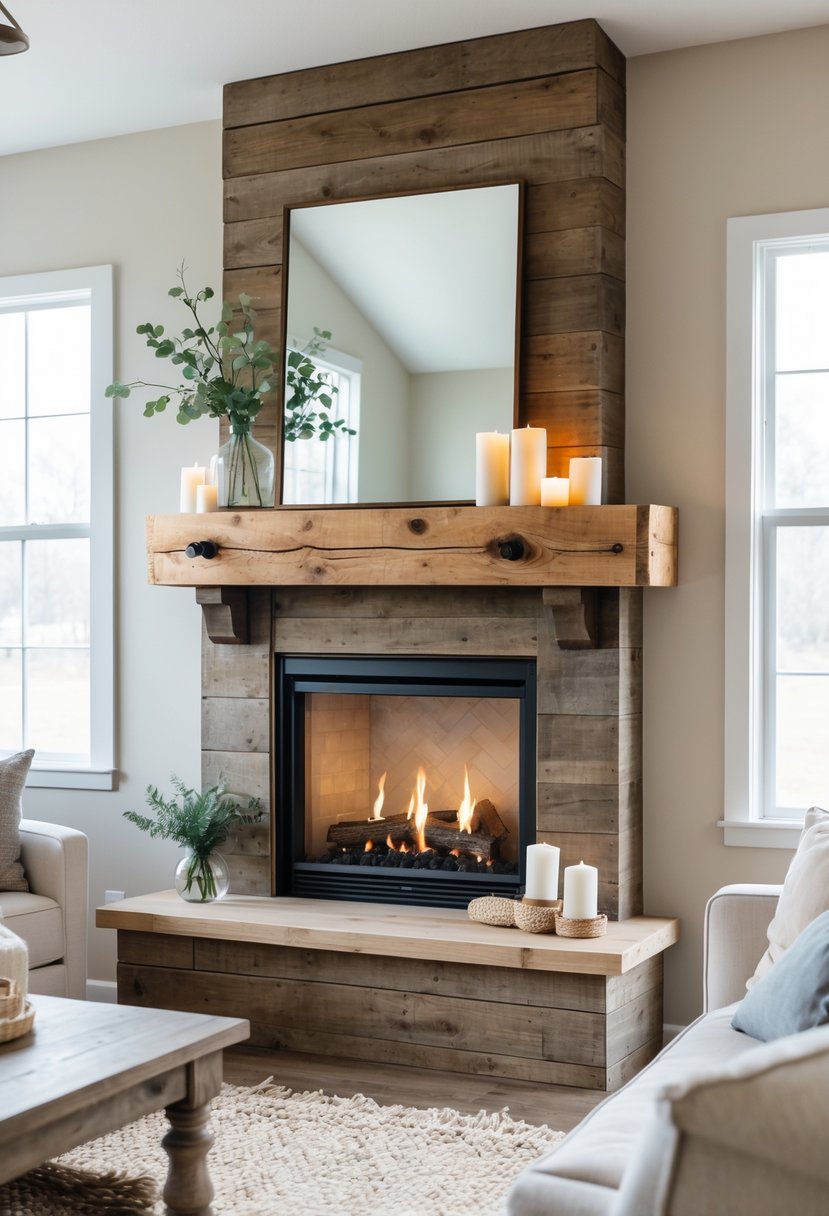 A living room with a fireplace featuring a reclaimed wood mantel and comfortable seating.