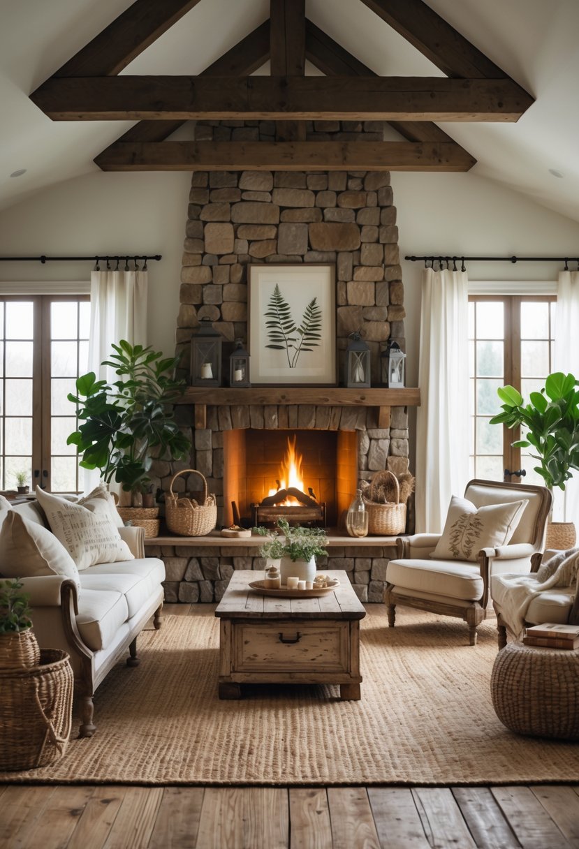 A cozy living room with a stone fireplace, wooden furniture, and large windows letting in natural light.