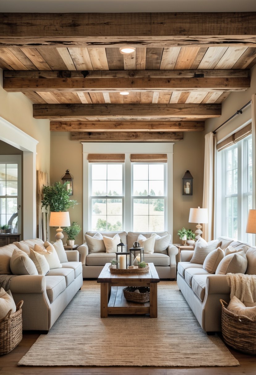 A living room with exposed wooden ceiling beams, comfortable sofas, a coffee table, and natural light coming through large windows.