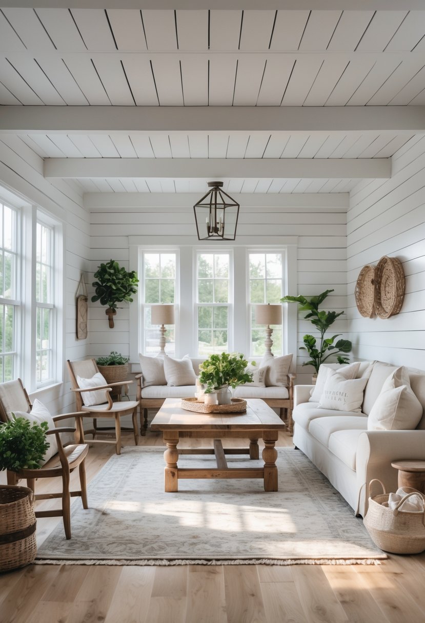 A living room with white wooden walls, wooden furniture, plants, and natural light coming through large windows.