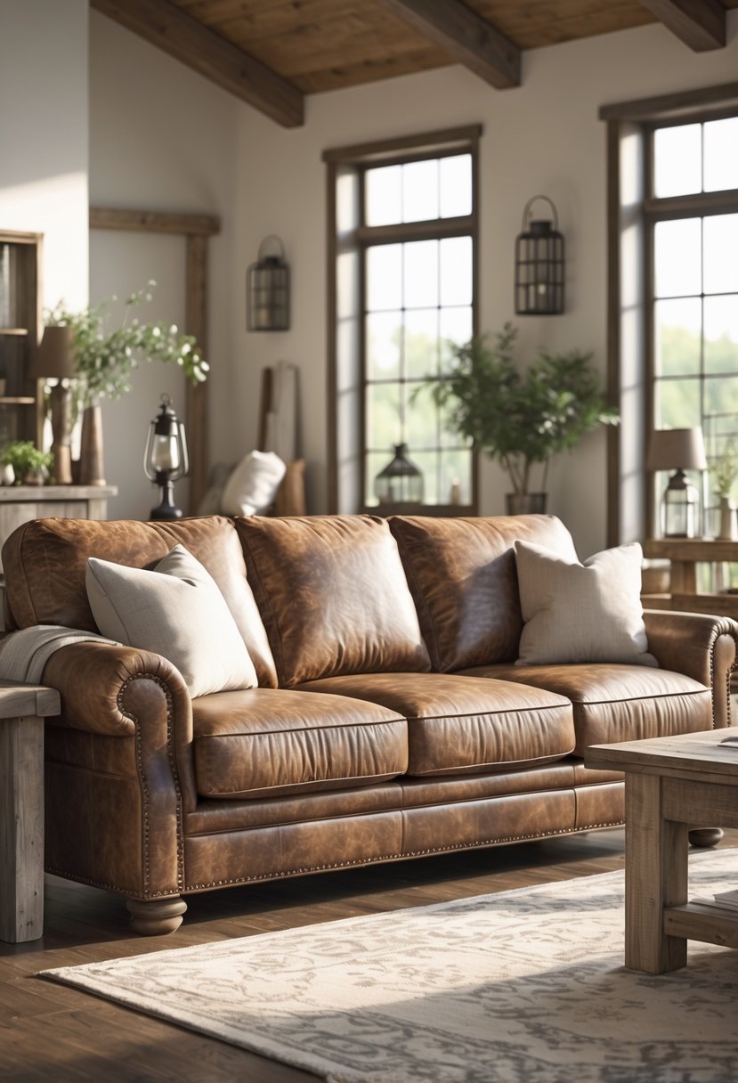 A living room with a distressed leather sofa, wooden coffee table, and natural light coming through large windows.