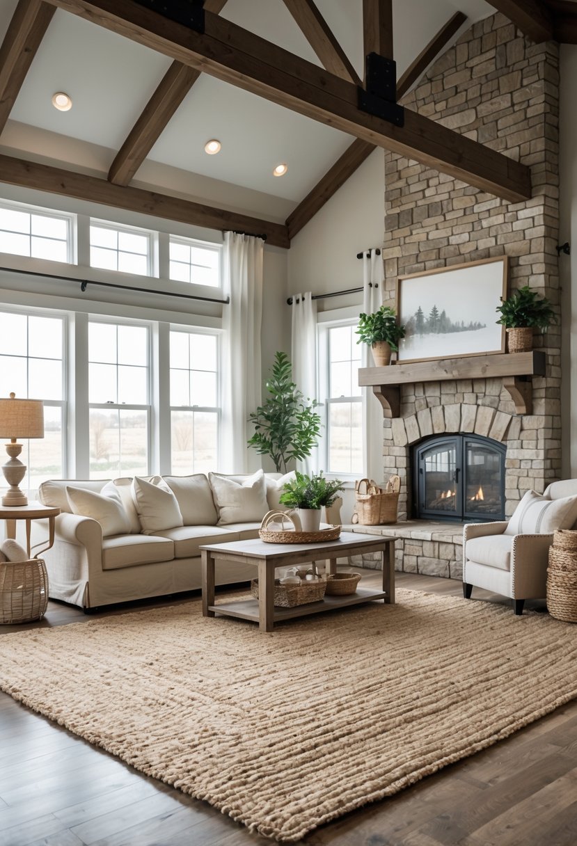 A living room with a large woven jute rug on the floor, a sofa, coffee table, and natural light coming through windows.