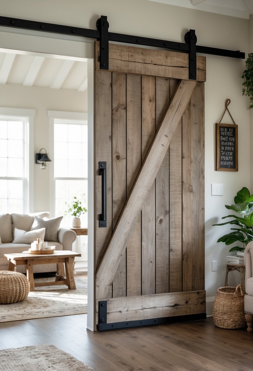 A living room with a wooden barn door featuring black metal hardware and cozy furniture.