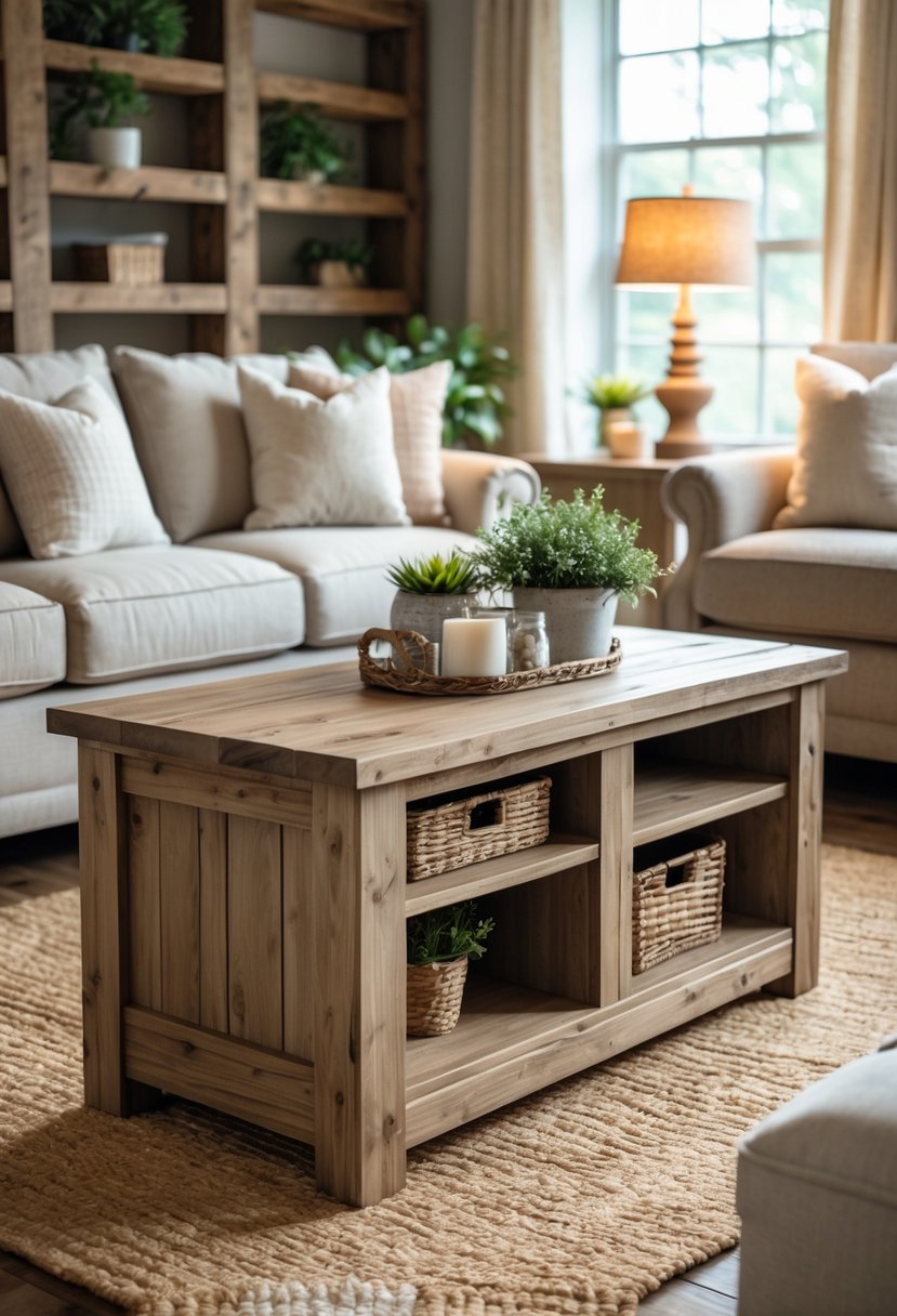 A rustic wood coffee table with storage in the center of a living room surrounded by sofas and decor.