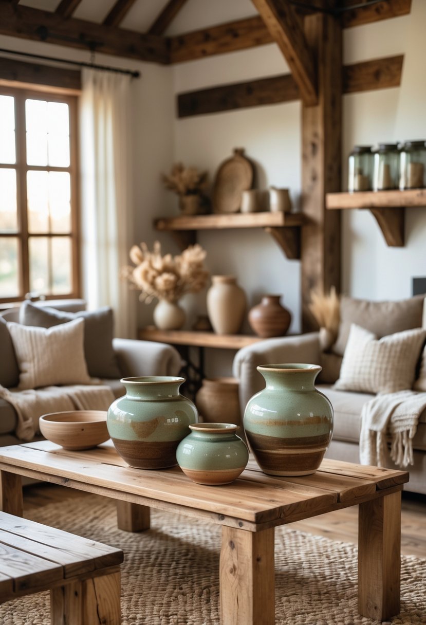 Handcrafted pottery with natural glazes displayed in a rustic farmhouse living room with wooden furniture and warm natural light.