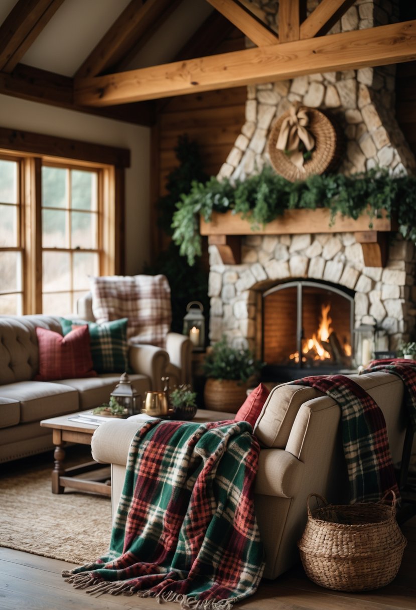 A rustic living room with plaid flannel throw blankets draped over a sofa and armchairs near a stone fireplace.