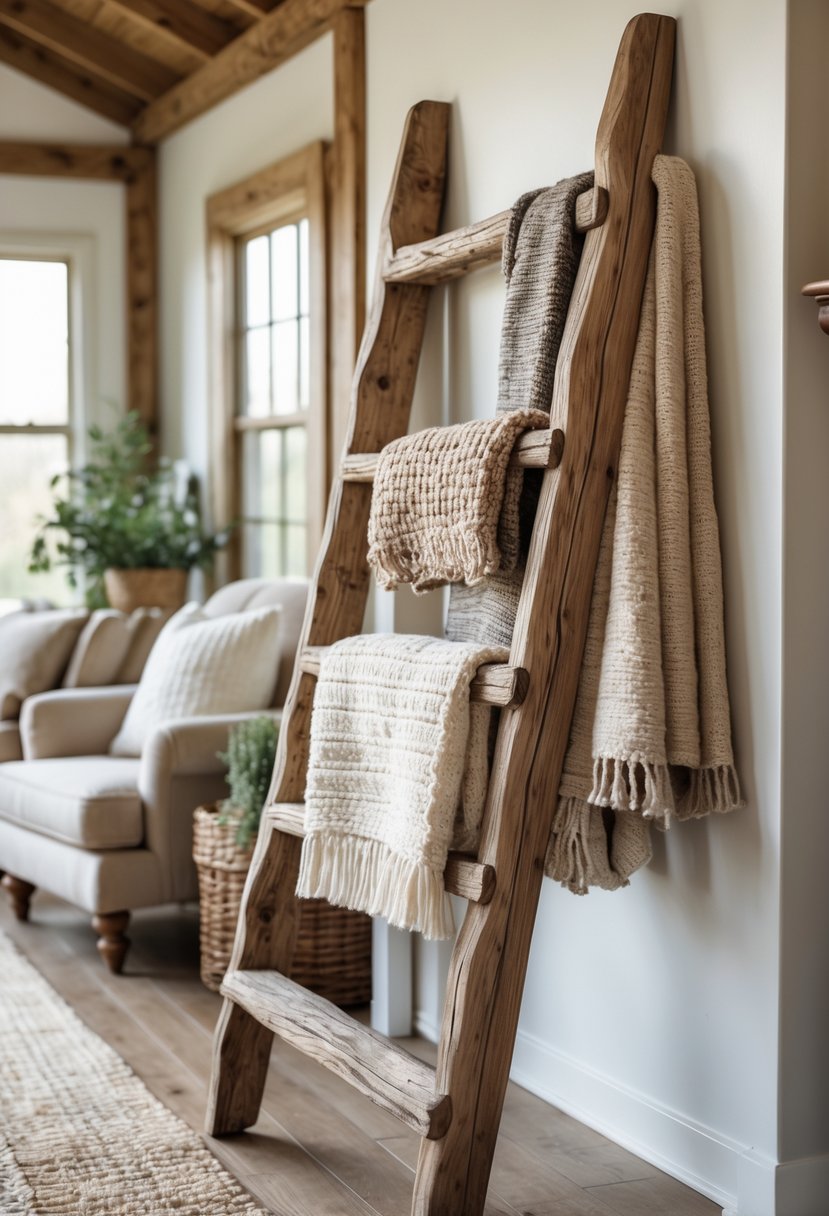 An antique wooden ladder leaning against a wall with blankets draped over it in a cozy living room.