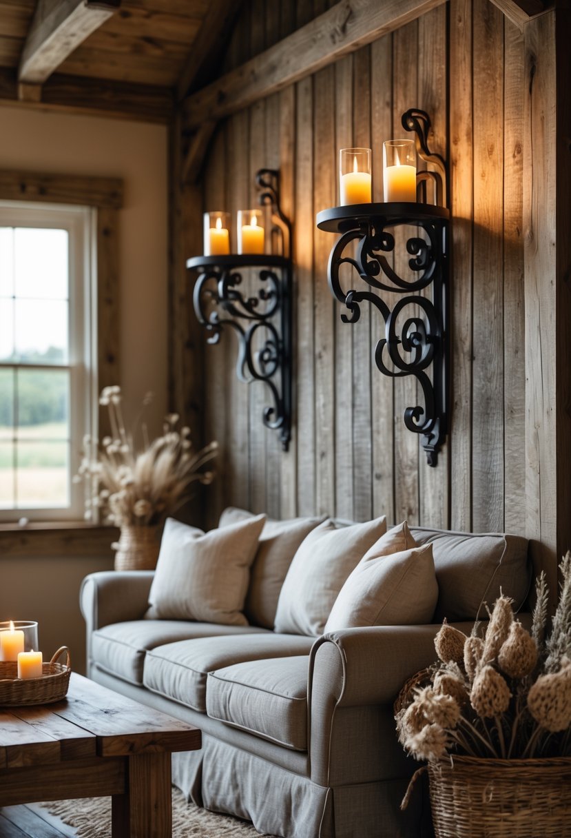 A living room with two wrought iron wall sconces holding candles mounted on a wooden wall above a sofa and coffee table.