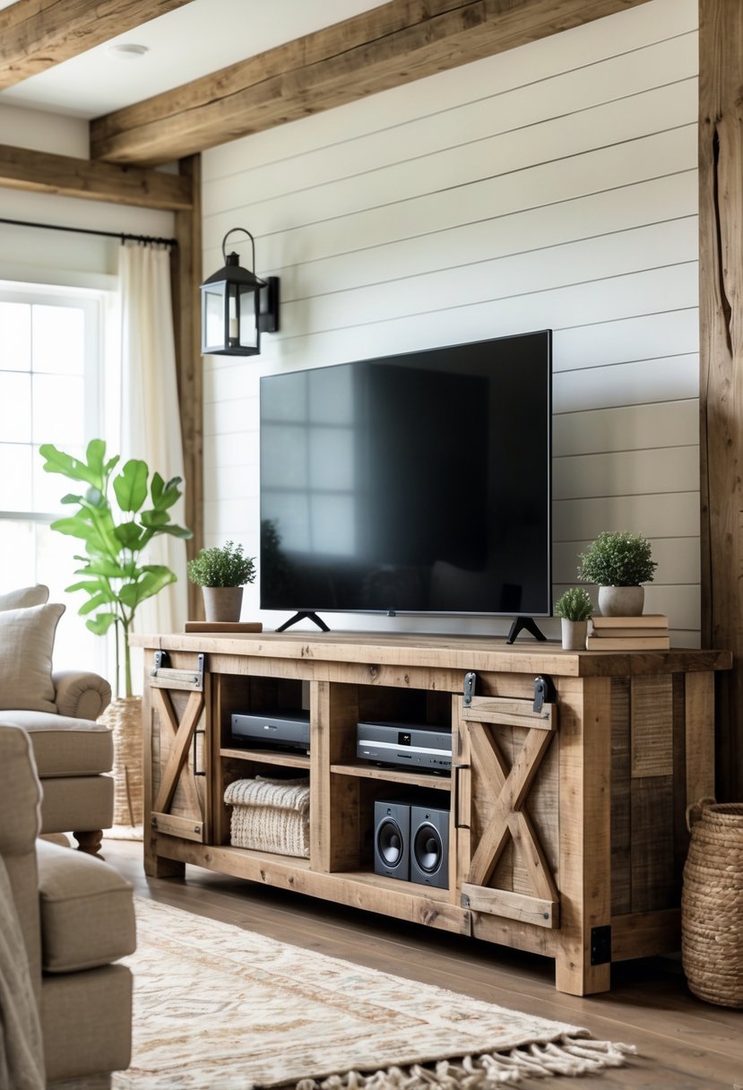 A living room with a reclaimed barn wood media console holding a flat-screen TV and decorative items, surrounded by cozy furniture and farmhouse decor.