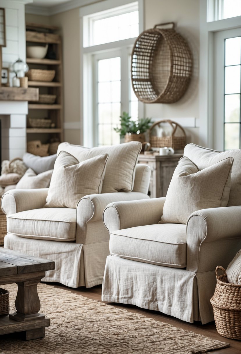 Two linen slipcovered armchairs in a living room with wooden floor and rustic decor.