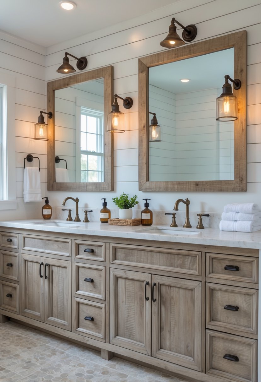 A farmhouse bathroom with a large wooden vanity featuring eleven drawers and cabinets, two sinks, mirrors, wall sconces, and natural light coming through a window.