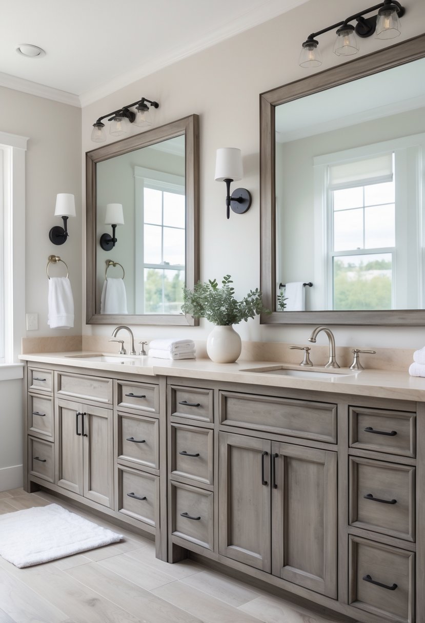 A bathroom with a large double sink vanity featuring a distressed brown finish, white sinks, and chrome faucets under a large mirror.