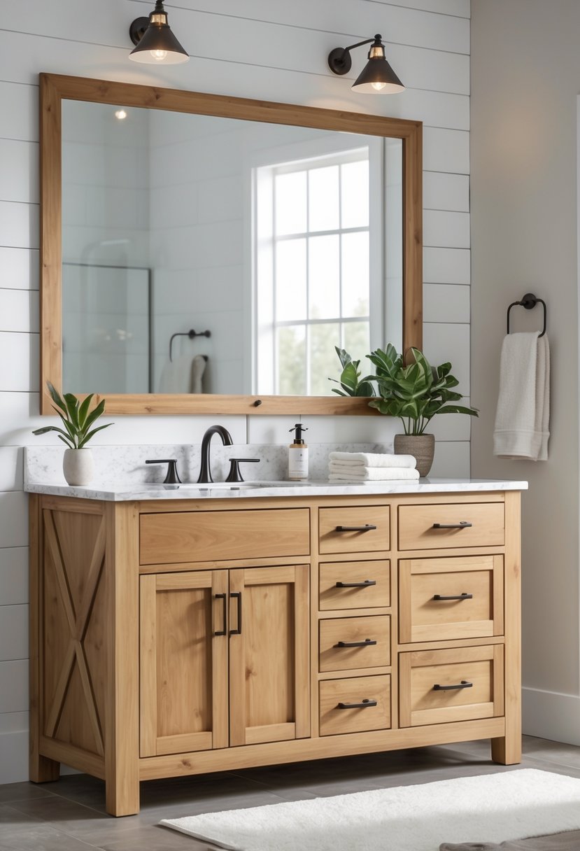 A solid wood bathroom vanity with a white quartz countertop in a clean bathroom setting with a mirror and minimal decor.