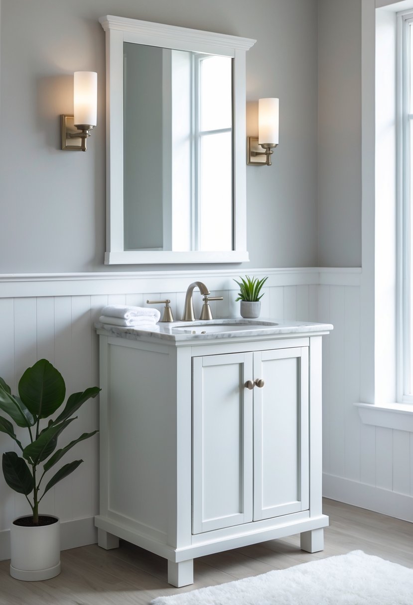 A bathroom vanity with a white cabinet and a marble countertop with a sink and faucet.