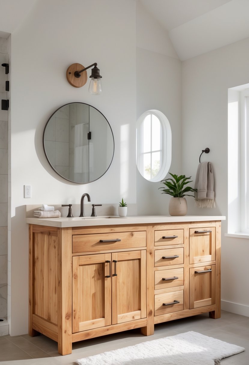 A wooden bathroom vanity with a white sink, drawers, and cabinets in a bright bathroom setting.