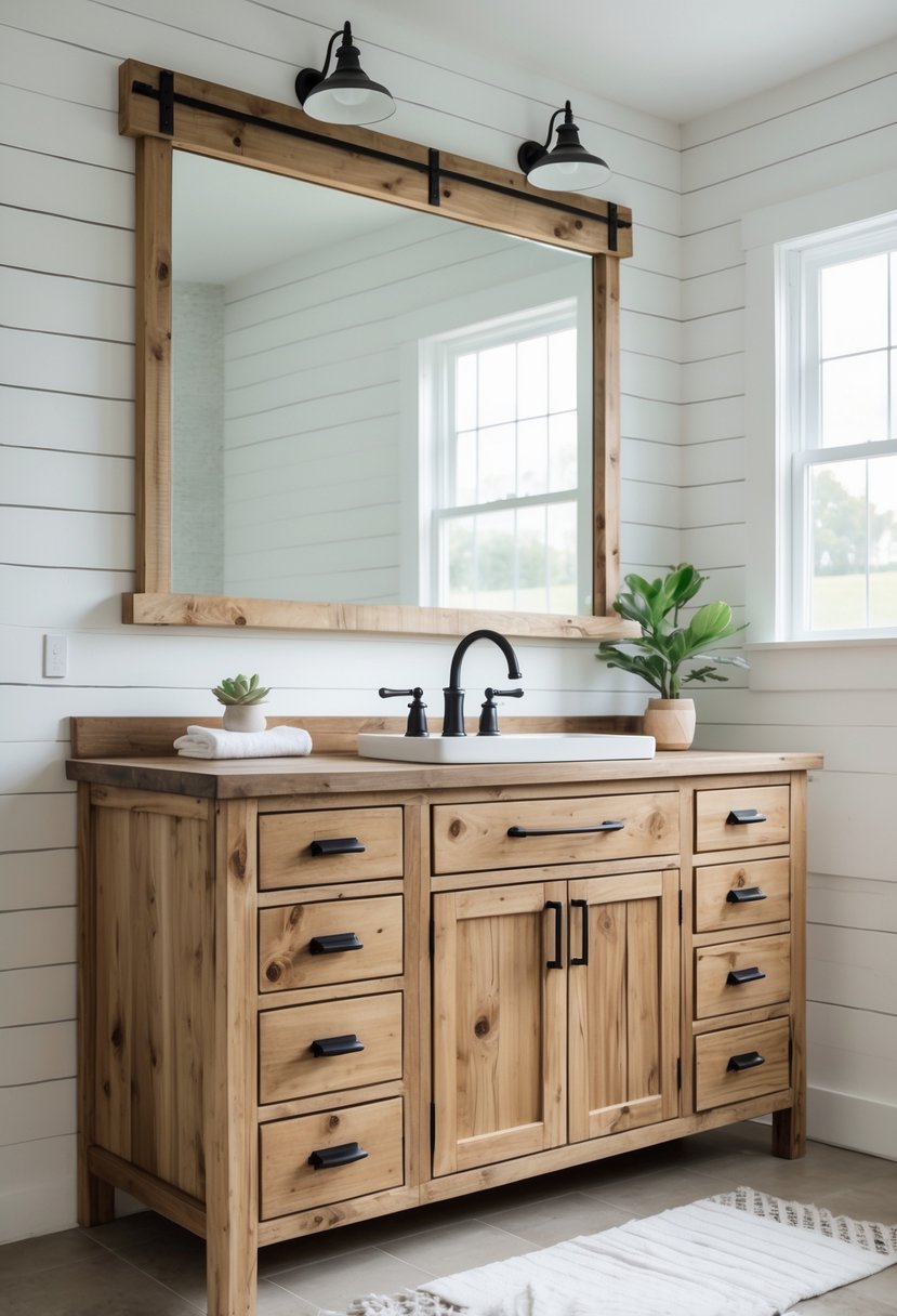 A farmhouse bathroom vanity made of natural wood with a white sink and chrome faucet in a bright bathroom.
