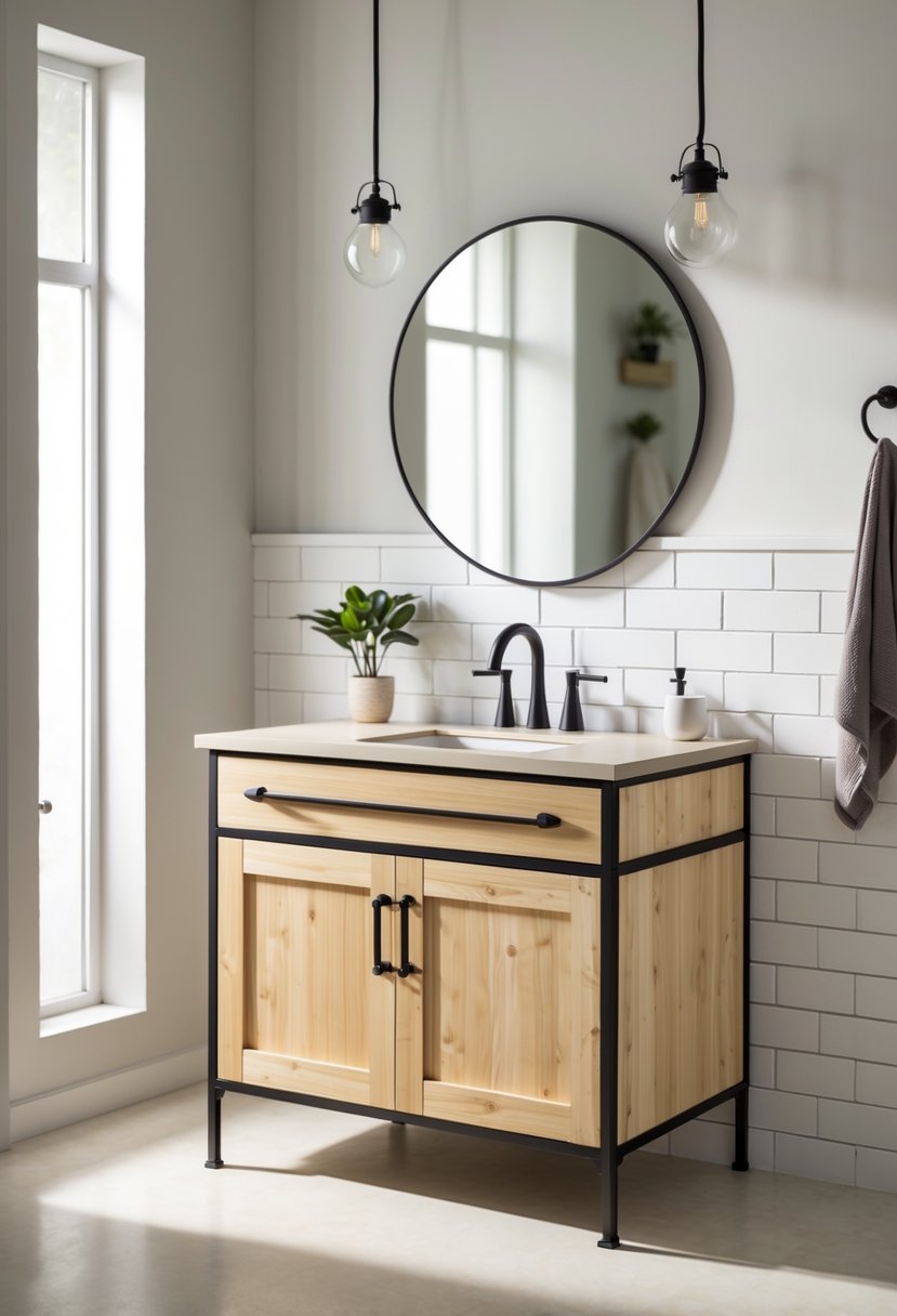A bathroom vanity with a wooden cabinet, white ceramic sink, chrome faucet, and a round mirror above it.