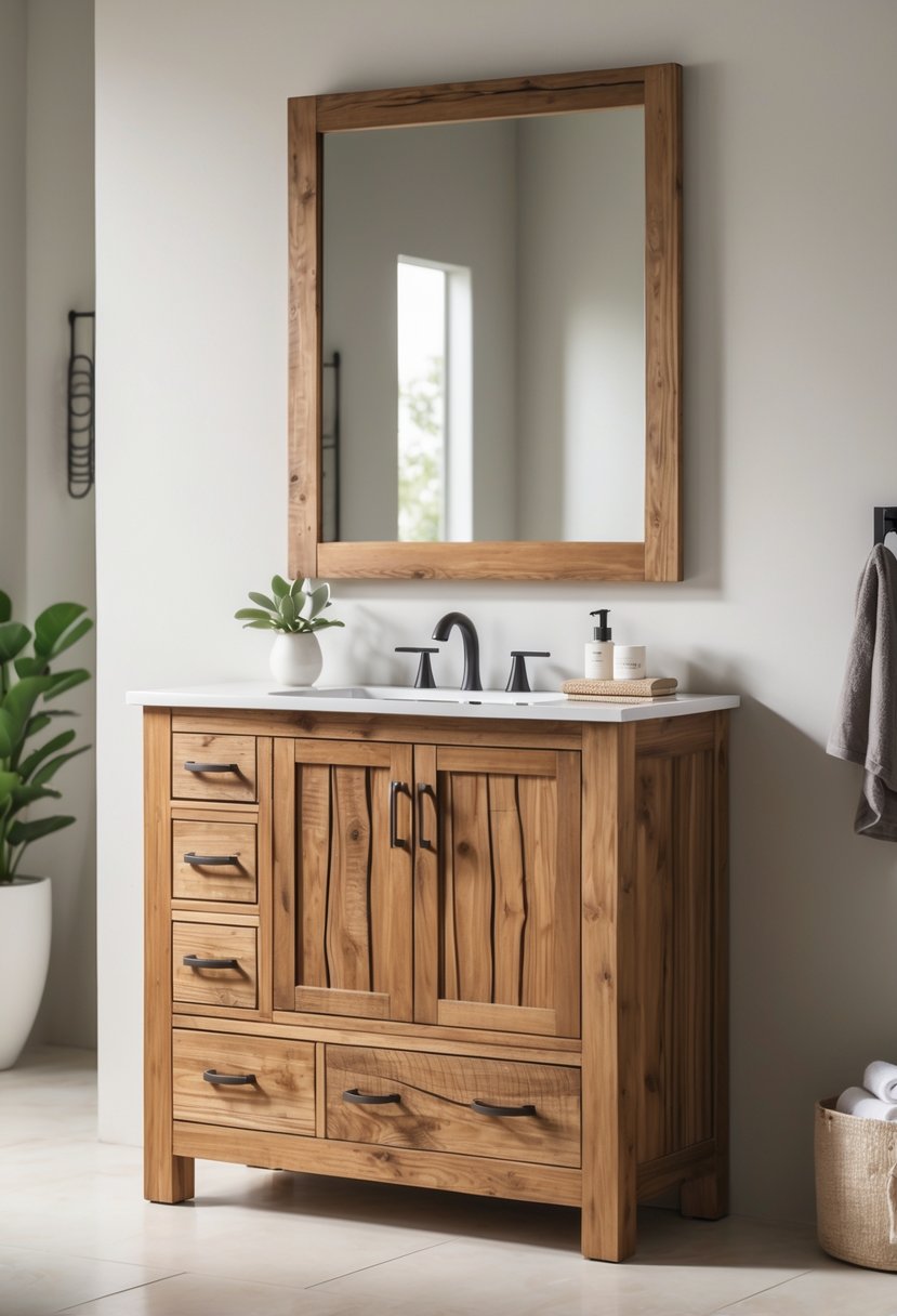 Freestanding solid wood bathroom vanity with drawers and cabinet doors in a clean bathroom setting.