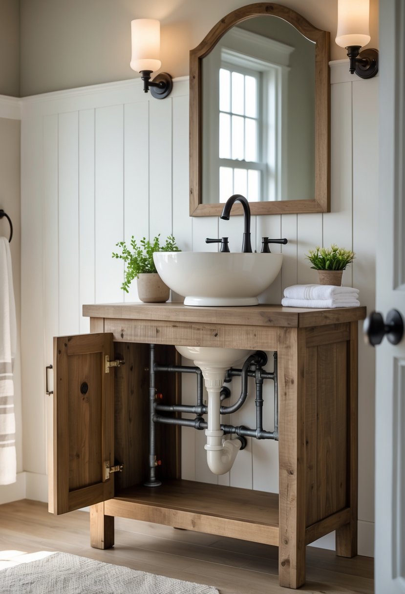 Open bathroom vanity with pedestal sink showing exposed plumbing underneath in a farmhouse bathroom.