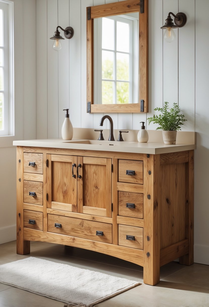 A bathroom vanity made of oak wood with drawers and cabinet doors, set in a bright bathroom with a light countertop and decorative items.