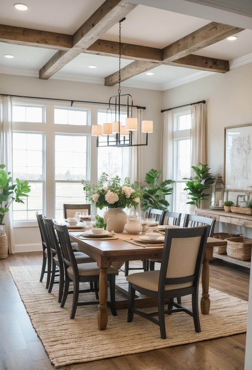 A bright dining room with a wooden table, chairs, large windows, and decorative plants.