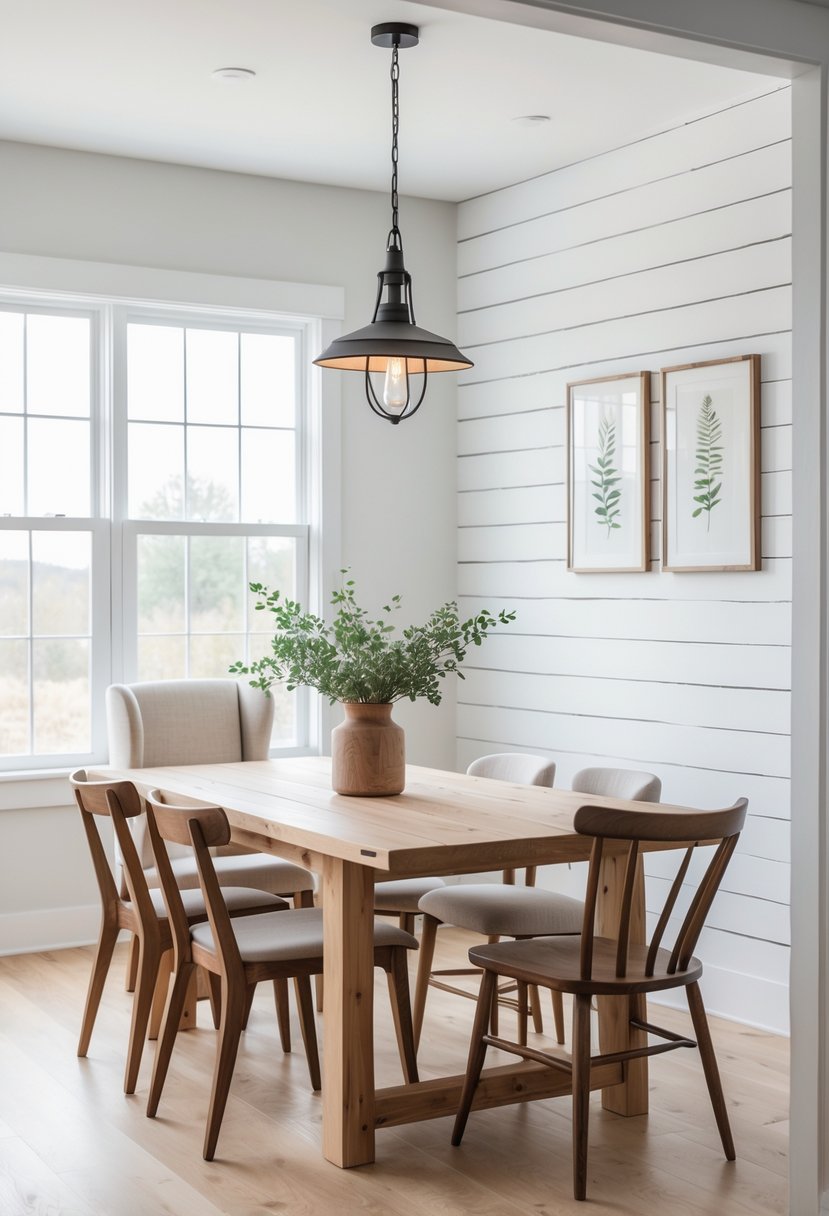 A bright dining room with a wooden table, chairs, white shiplap walls, and natural light coming through large windows.