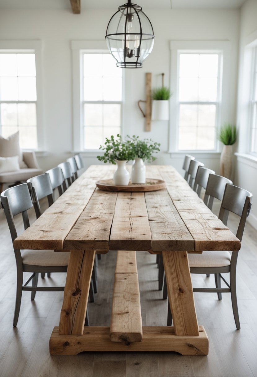 A spacious dining room with a large wooden dining table and chairs, illuminated by natural light from large windows.