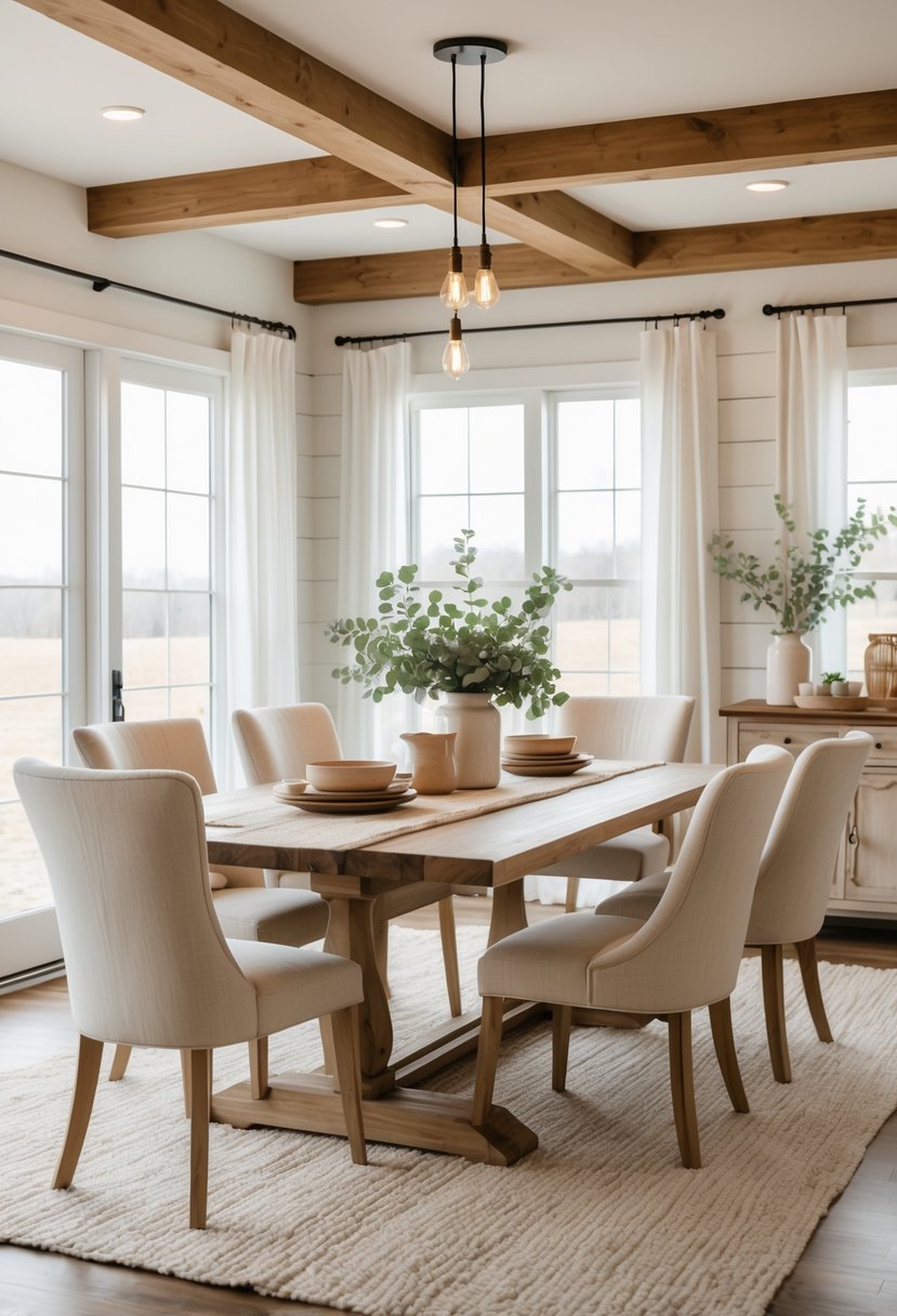 A dining room with a wooden table, upholstered chairs, large windows, and warm natural lighting.
