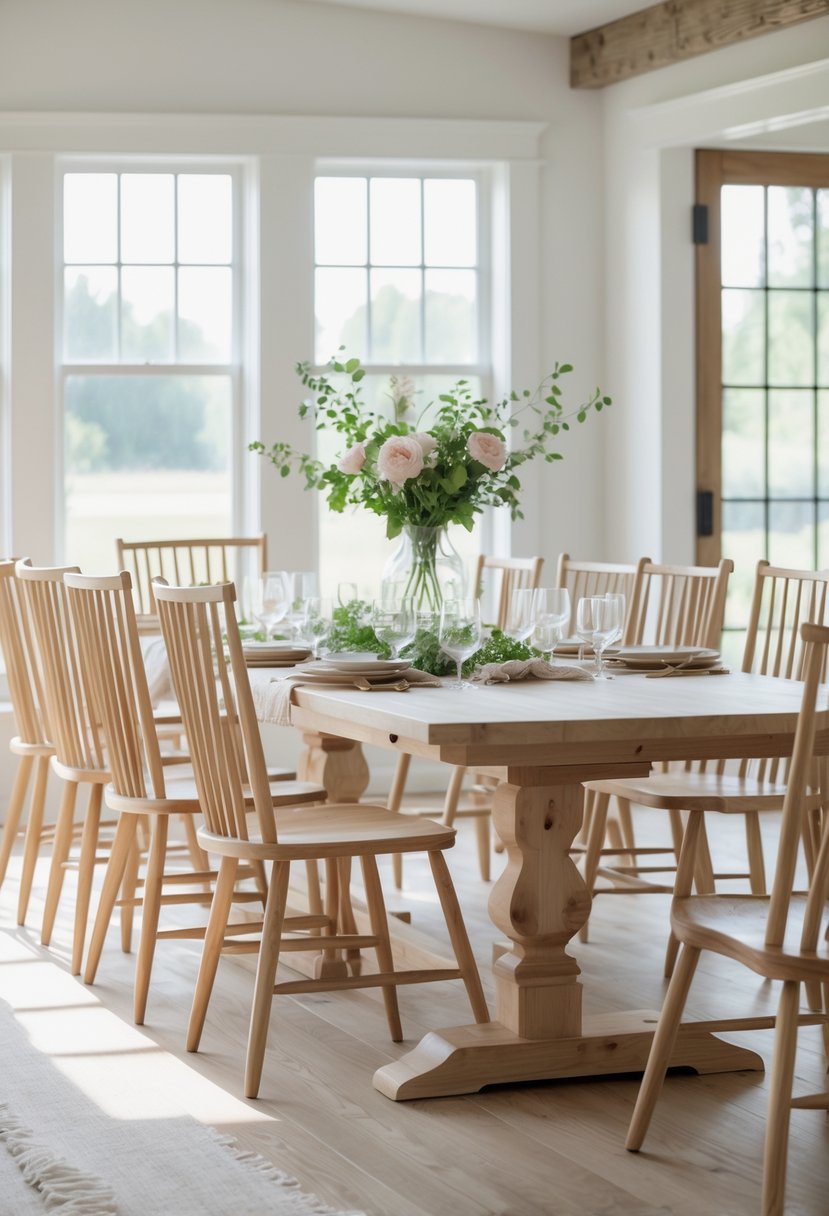 A large dining table surrounded by fifteen wooden spindle-back chairs in a bright room with natural light.