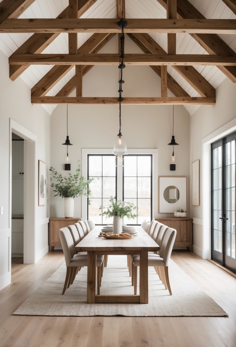 A bright dining room with exposed wooden ceiling beams, a long wooden table, and chairs set for a meal.