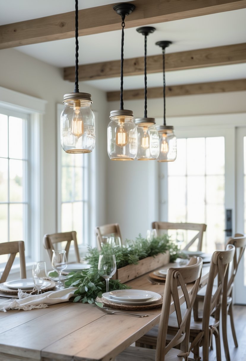 A dining room with a wooden table and mason jar pendant lights hanging above it, illuminated with warm light.
